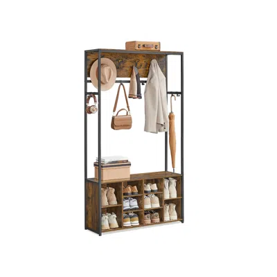 Breebe Hall Tree With Bench And Shoe Storage With 10 Removable Hooks In Brown