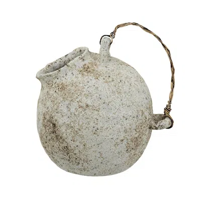 Breebe Hand Pulled Ceramic Jug Worn White Finish Wire Wrapped Handle 9.8 X 8.3 X 10.3 Inches In Gray