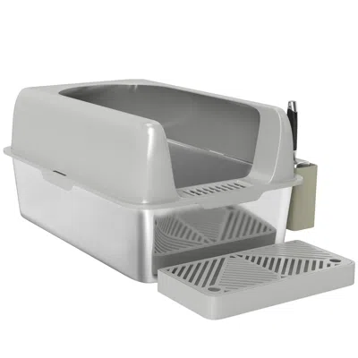 Breebe High Sided Stainless Steel Cat Litter Box With Scoop And Holder In Grey