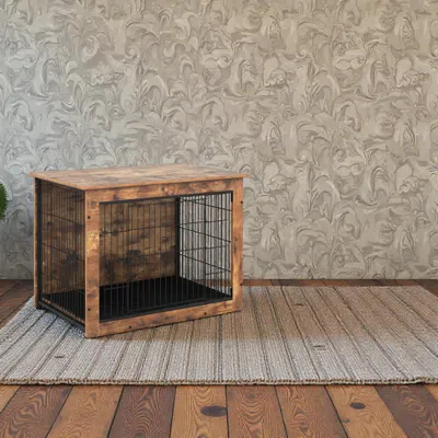 Breebe Indoor Dog Cage Table Featuring Cushion Insert And Double Entry In Brown