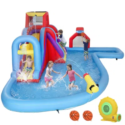 Breebe Inflatable 6-in-1 Water Slide Bounce House With Climbing Wall & Pool In Blue