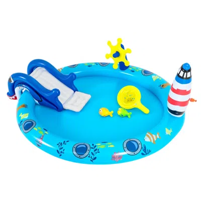 Breebe Inflatable Play Center Marine Life Spray Pool With Shark-shaped Slide Lighthouse Sprinkle In Multi