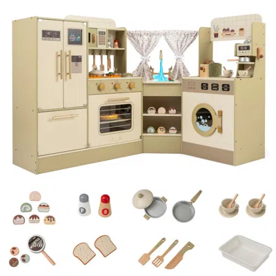Breebe Kids Corner Play Kitchen With Faucet And Dishwasher And Stoves In Neutral