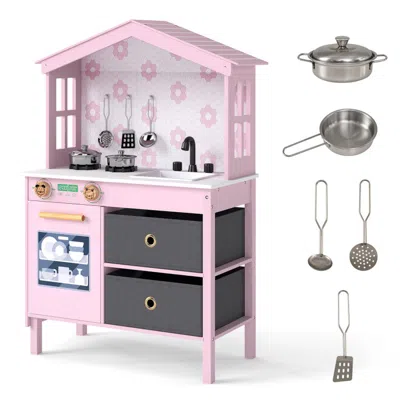 Breebe Kids Play Kitchen Children Toy Kitchen Playset With 2 Stoves And Rotation Knobs In Pink