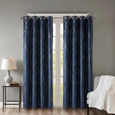 Breebe Knitted Jacquard Damask Total Blackout Grommet Top Curtain Panel(only 1 Pc Panel) In Blue