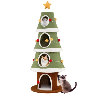 Breebe Large Christmas Cat Tree For Indoor Cats 61 Inch Cute Cat Tower With 4 Condos In Green