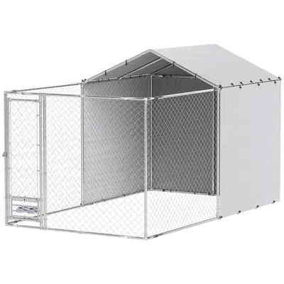 Breebe Large Outdoor Dog Kennel With Chain Link Fence And Waterproof Cover In Silver