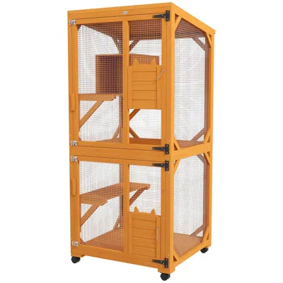 Breebe Large Wooden Cat House On Wheels For 1-3 Cats Outdoor Catio Enclosure In Orange