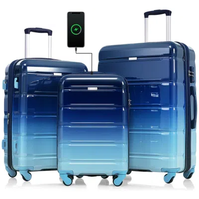 Breebe Luggage Set Of 3, 20-inch With Usb Port, Airline Certified Carry-on Luggage , Abs+pc Hard Shell Lugg In Blue