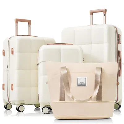 Breebe Luggage Sets 4 Piece, Abs Durable Suitcase With Travel Bag, Cup Holder, Abs Hard Shell Luggage With  In Neutral
