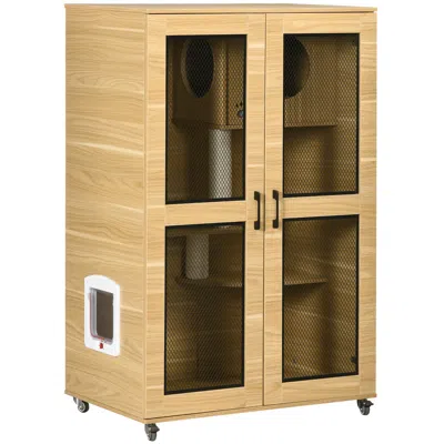 Breebe Luxury Cat House With Wheels, Wooden Catio Villa With Condo And Scratching Posts In Brown