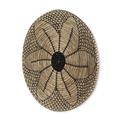 Breebe Mekhi 24" X 24" Black And Light Brown Floral Seagrass Circle Hanging Dimensional Sculpture