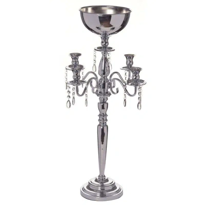Breebe Metal Candelabra 4 Arm Design Silver With Flower Vase Bowl - Table Centerpiece For Weddings 33"