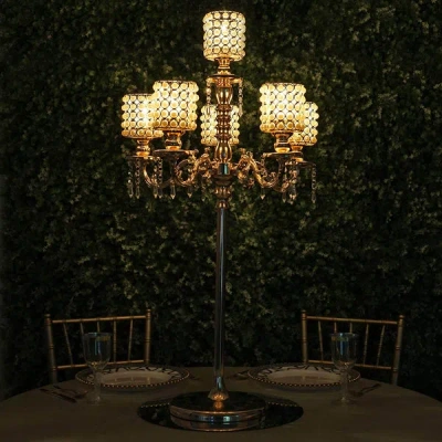 Breebe Metal Pearl Beaded Candelabra In Gold 6-arm - Stylish Table Centerpiece With Crystal Chandelier Pend