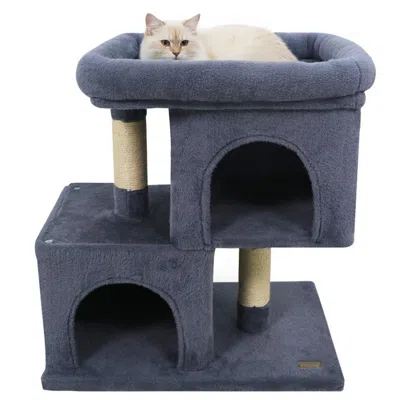 Breebe Modern Cat Tree Space-saving Cat Tower With Upholstered Perch And 2 Cat Condos In Gray