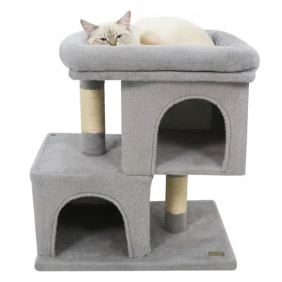 Breebe Modern Cat Tree Space-saving Cat Tower With Upholstered Perch And 2 Cat Condos In Gray