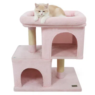 Breebe Modern Cat Tree Space-saving Cat Tower With Upholstered Perch And 2 Cat Condos In Pink