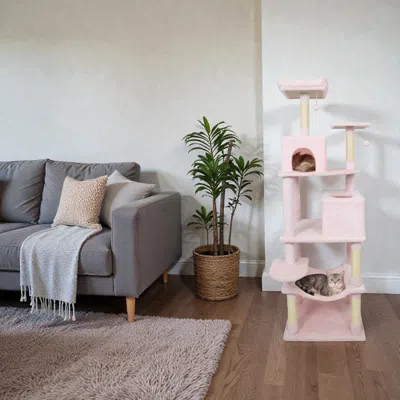 Breebe Multi-tier Cat Tree Featuring Two Cat Condos And Padded Perch In Pink