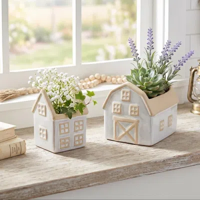 Breebe Neutral Porcelain House And Barn Planter Set For Home Decor