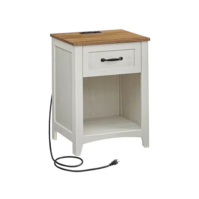 Breebe Nightstand With Charging Station And Open Compartment Rustic White And Honey Brown