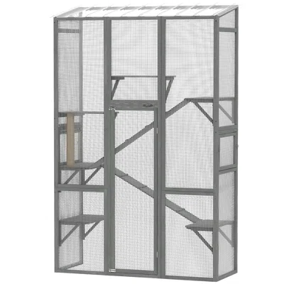 Breebe Outdoor Catio Cat Enclosure, Large Wooden Cat House With Platforms And Ramps In Gray