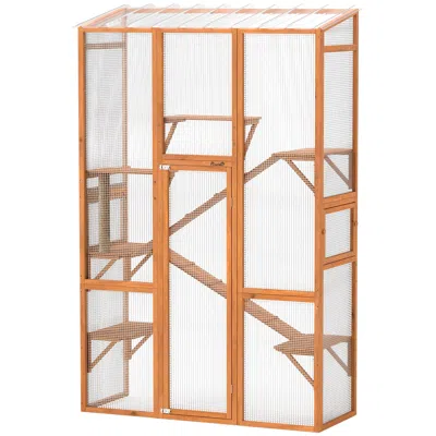 Breebe Outdoor Catio Cat Enclosure, Large Wooden Cat House With Platforms And Ramps In Brown