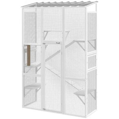Breebe Outdoor Catio Cat Enclosure, Large Wooden Cat House With Platforms And Ramps In White