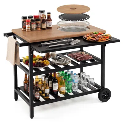 Breebe Outdoor Dining Cart With Bbq Grill And Folding Side Panel In Black
