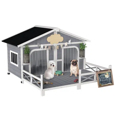 Breebe Outdoor Wooden Dog House With Porch And Openable Roof In Gray