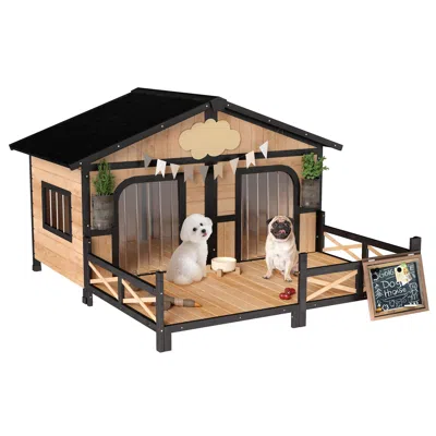 Breebe Outdoor Wooden Dog House With Porch And Openable Roof In Multi