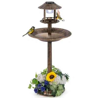 Breebe Pedestal Bird Bath With Solar Light With Bird Feeder And Flower Planter In Brown