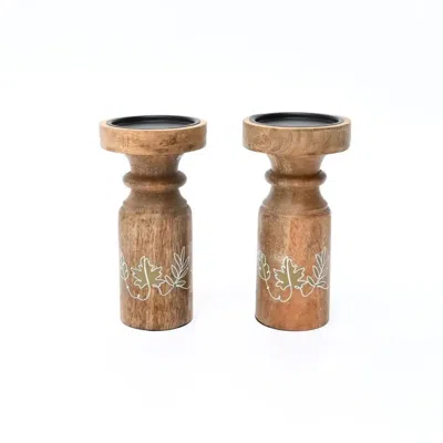 Breebe Pillar Candle Holder Set Of 2 Natural Finish Mango Wood In Brown
