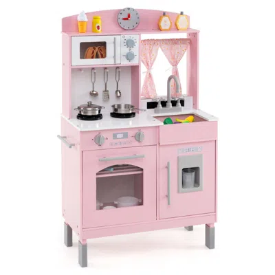 Breebe Play Kitchen For Kids Wooden Chef Pretend Playset With 3 Adjustable Heights Microwave In Pink