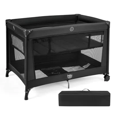 Breebe Portable Baby Playard Folding Travel Crib For Infants With Soft Mattress In Black