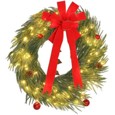 Breebe Prelit Christmas Wreath For Front Door Led Lights 8 Modes With Ornaments Green In Multi