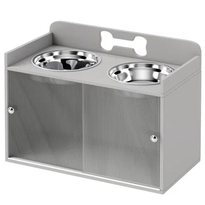 Breebe Raised Dog Bowl Stand With Storage Cabinet And Dual Stainless Steel Bowls In Grey