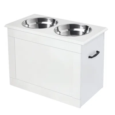 Breebe Raised Pet Feeding Storage Station With 2 Stainless Steel Bowls For Large Dogs In White