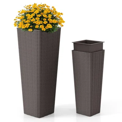 Breebe Rattan Tall Planter Set Of 2 Outdoor Large Tapered Planters With Removable Inner Trays In Gray