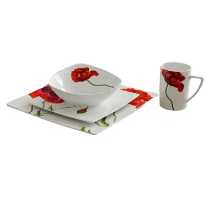 Breebe Red And White Four Piece Square Floral Bone China Dinnerware Set
