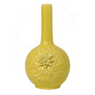 Breebe Remi Flower Vase Narrow Neck, Yellow Ceramic W Floral Motifs