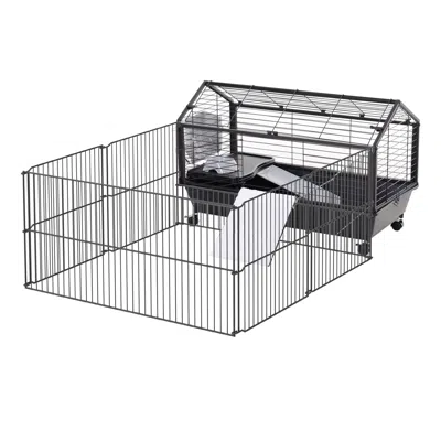 Breebe Rolling Metal Rabbit Hutch Cage With House And Run Area In Gray