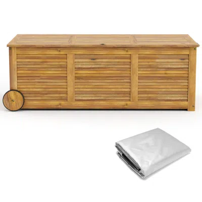 Breebe Rolling Patio Wooden Deck Box With 2 Wheels And Side Handle For Outdoor In Brown