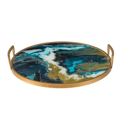 Breebe Round Accent Mirrored Tray Blue Gold Artistic Pattern Handles 20.9 X 20.1 Inches