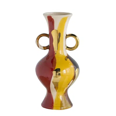Breebe Round Ceramic Vase Abstract Multicolored Finish Small Handles 6.4 X 6.4 X 13.8 Inches