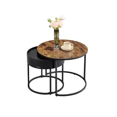 Breebe Round Coffee Tables With Hidden Storage And Top Tray, Set Of 2 In Brown