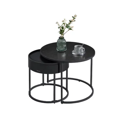 Breebe Round Coffee Tables With Hidden Storage And Top Tray, Set Of 2 In Black