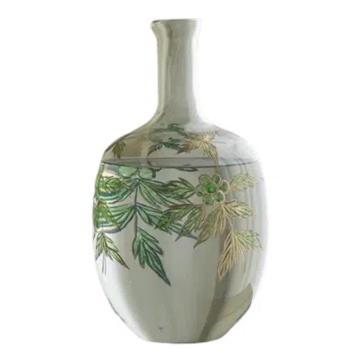 Breebe Rounded Clear Glass Vase Narrow Neck Green Gold Botanical Design 9x16 In In Gray