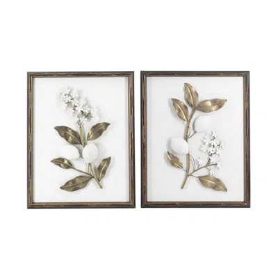 Breebe Set Of 2 13 X 1.9 X 16.9" Gold And White Botanical Wall Art Pieces With Brown Frames