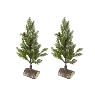 Breebe Set Of 2, 13.5" Christmas Pvc Tree On Wood Base With Snow In Brown