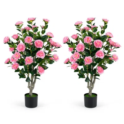 Breebe Set Of 2 39.5" Artificial Camellia Tree With Orange Blossoms In Cement Pot For Decoration